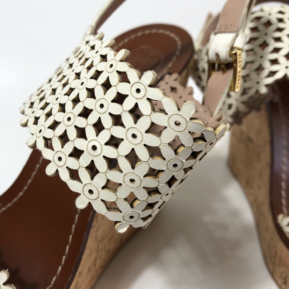 Tory Burch Ivory Flower Platform Wedge Leather Sandals Size 10.5 - Picture 6 of 11